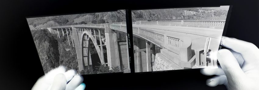 HAER Photograph of hands holding 5x7 negatives of Bixby Bridge in California.