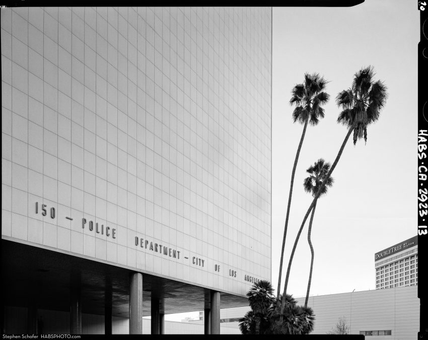 HABS Photograph of Parker Center Police Headquarters. Black and white large format image of the front facade with 3 palms.