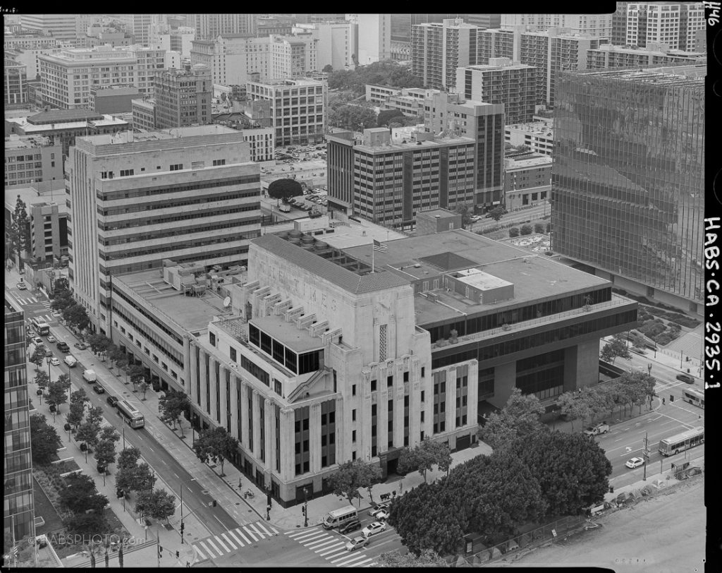 Historic American Buildings Survey (HABS) large format 4x5 photograph in black and white of the Los Angeles Times Mirror Building taken from an elevated view from L.A. City Hall.
