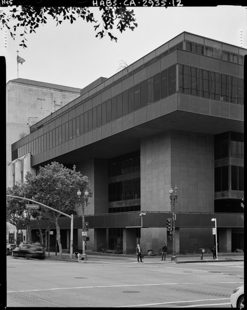 Historic American Buildings Survey (HABS) large format 4x5 photograph in black and white of the Los Angeles Times Mirror Building.