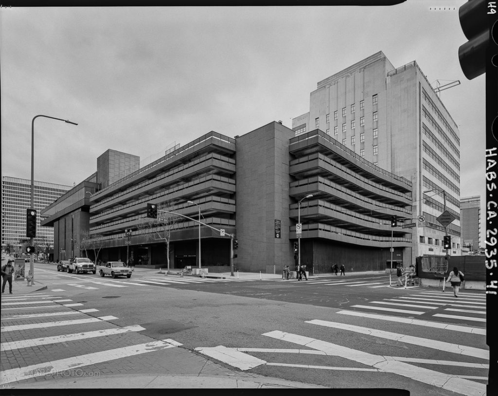 Historic American Buildings Survey (HABS) large format 4x5 photograph in black and white of the Los Angeles Times Mirror Building parking garage