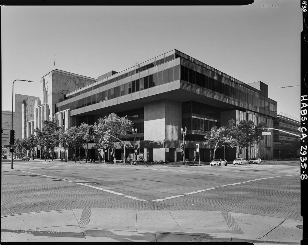Historic American Buildings Survey (HABS) large format 4x5 photograph in black and white oblique view of the Los Angeles Times Mirror Building on the corner.