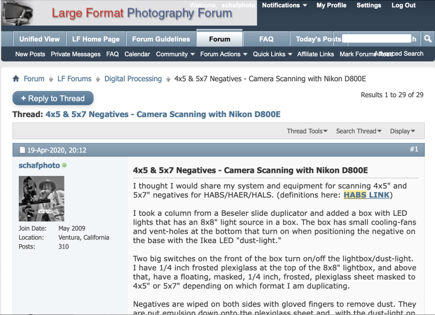 Scanning 4x5 negatives with a digital camera screen capture of large format photography forum post.