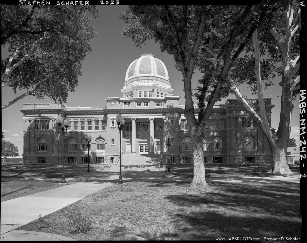 Black and White, Large Format HABS photograph of Chavez County Courthouse in Roswell New Mexico from the Historic American Buildings Survey Collection Number HABS-NM-242-1.