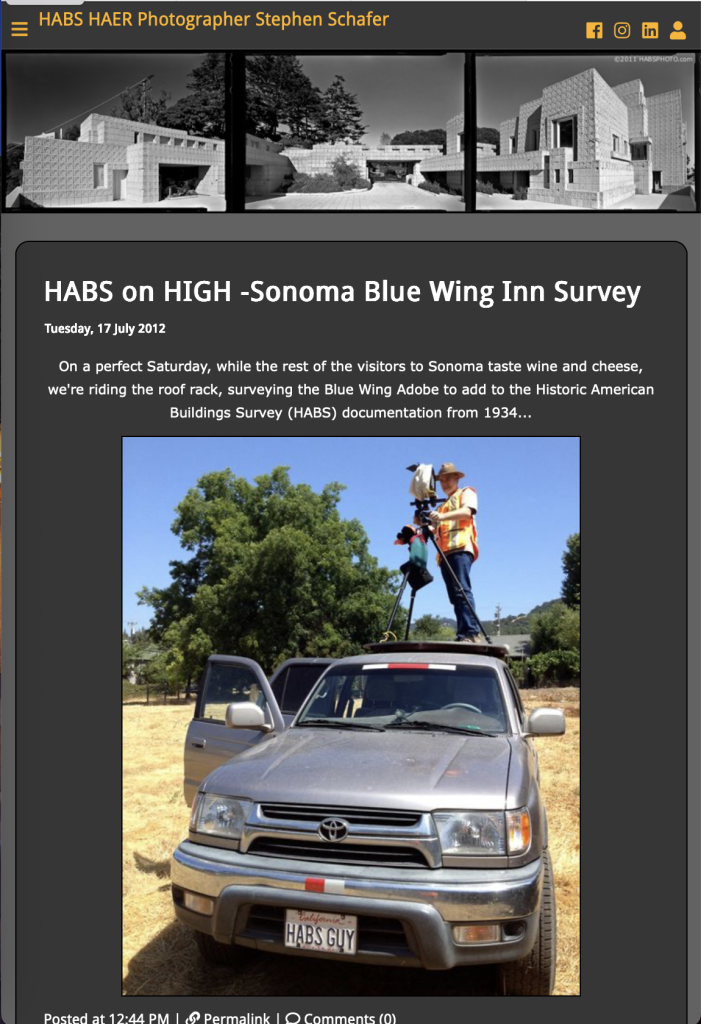 Screen Capture of HABS Photographer Stephen Schafer's 2012 Blog post with a photo of Schafer standing on his truck with a large format camera.