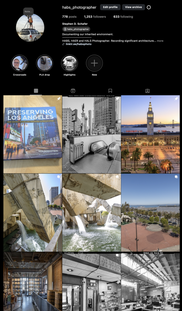HABS Photographer Stephen Schafer's Instagram screenshot