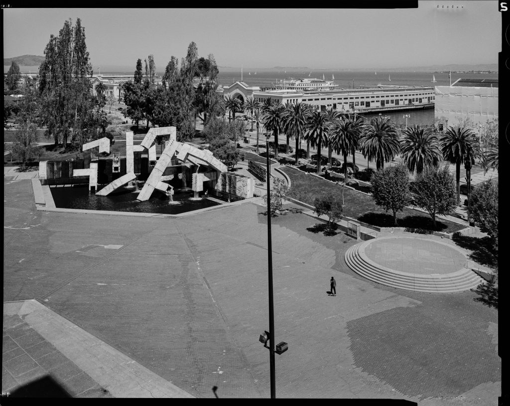 HALS Photograph of the Armand Vaillancourt Fountain (also called the Quebec Fountain) in Embarcadero Plaza along Market Street in San Francisco in 2022. Photographed on Black and white 4x5 film.