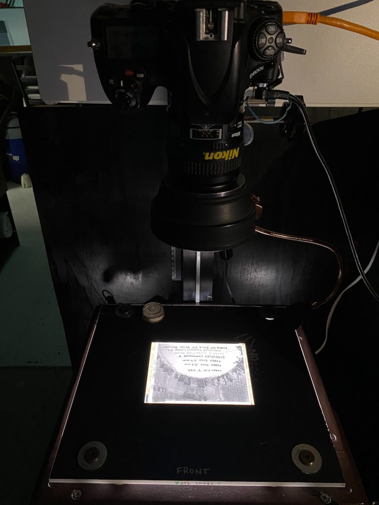 HABS photography copy stand used for camera scanning HABS, HAER and HALS large format negatives.