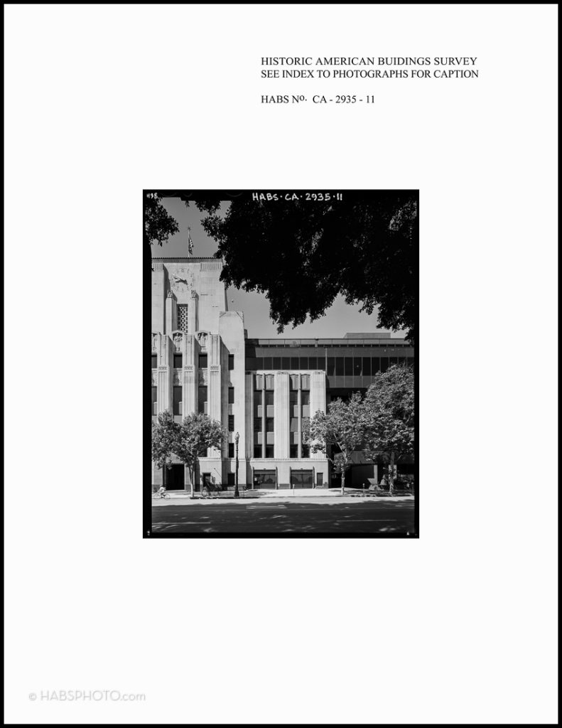 Historic American Buildings Survey mount card (HABS) large format 4x5 photograph in black and white of the Los Angeles Times Mirror Building.